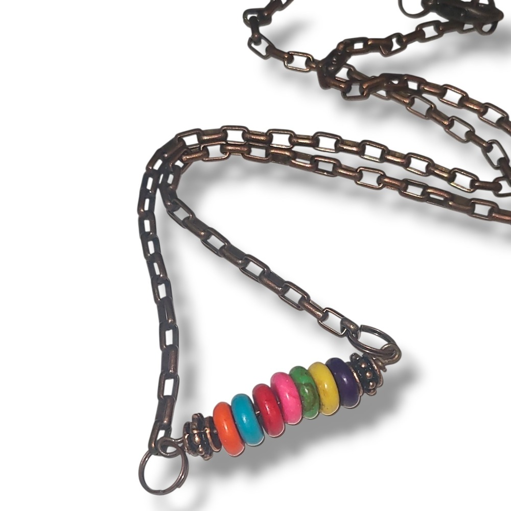 Vintage Copper Tone Chain Necklace Rainbow Stone‎ Stacked Disc Pendant Boho 20"
